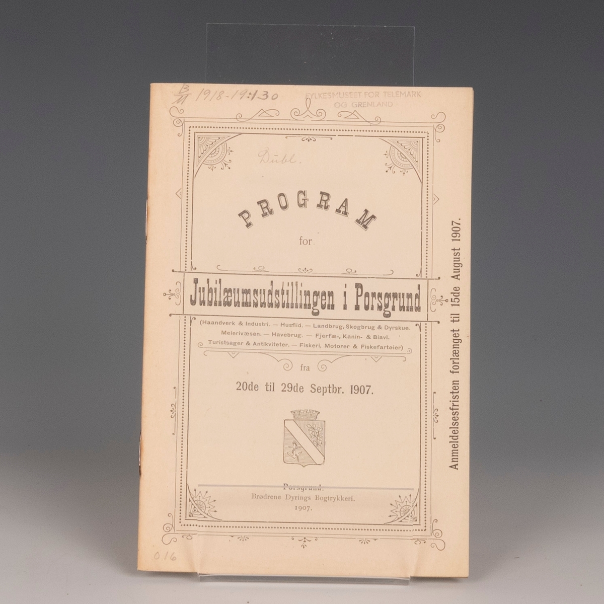 Prot: Program for Jubileumsudstillingen i Porsgrund 1907. Porsgruns 1907, 29 s.