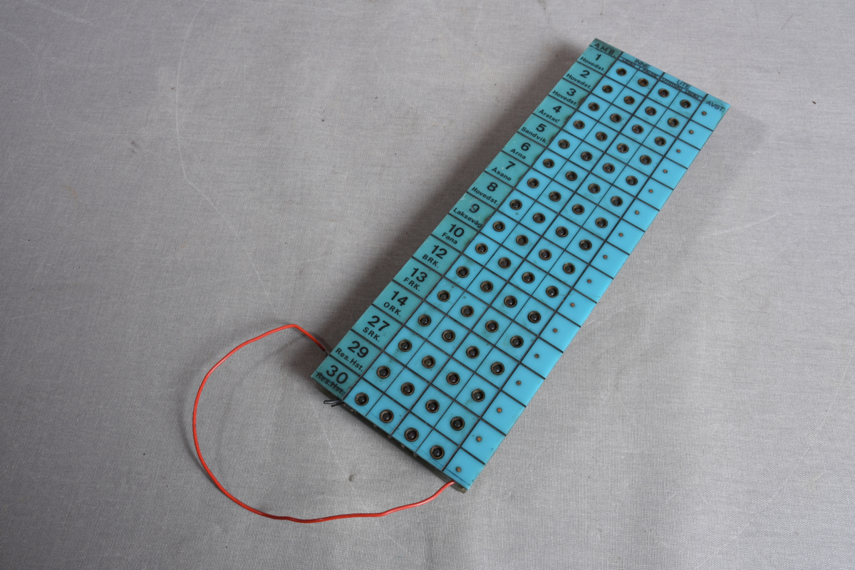 Panel i blå plast med rød ledning. På undersiden er kretsbrettet med kobberbane.