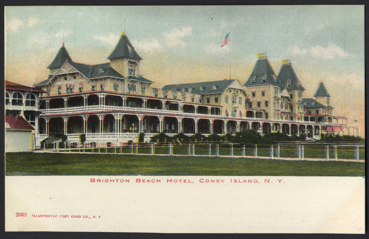 Vykorten avbildar Brighton beach hotel på Coney island, New York.