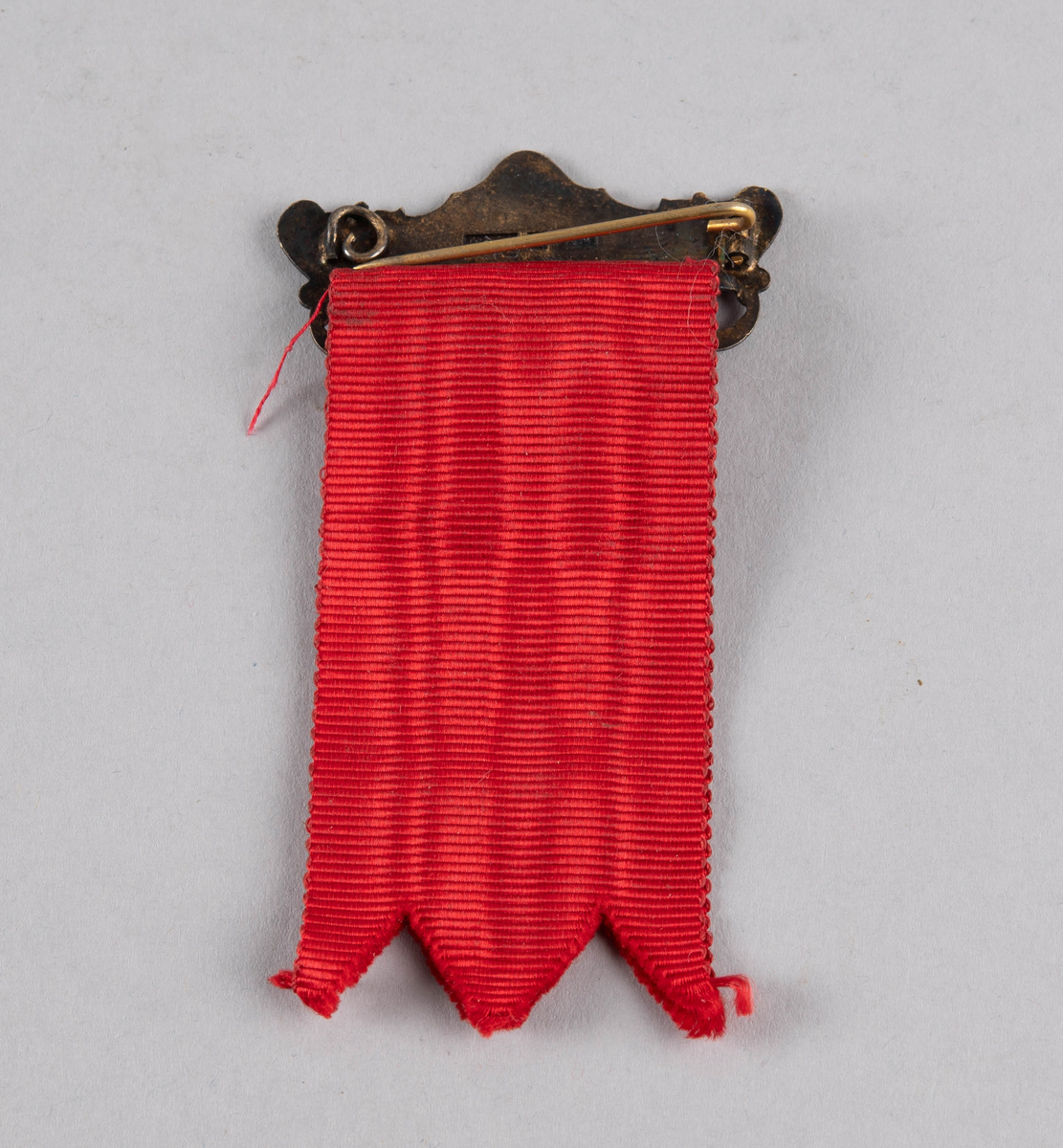 Liten medalje med form som et nyrebekken festet til nål og silkebånd. Ligger i en gjennomsiktig eske av hardplast.