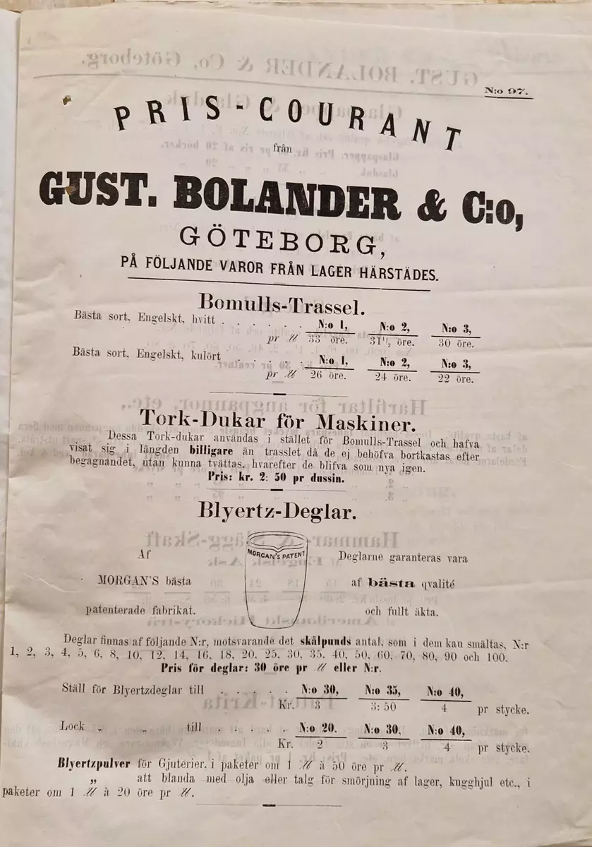 Priskurant från Gust. Bolander @ Co, Göteborg 15 sidor. Boktryckeri- Bolaget Kindvall & Lundberg 1877.
