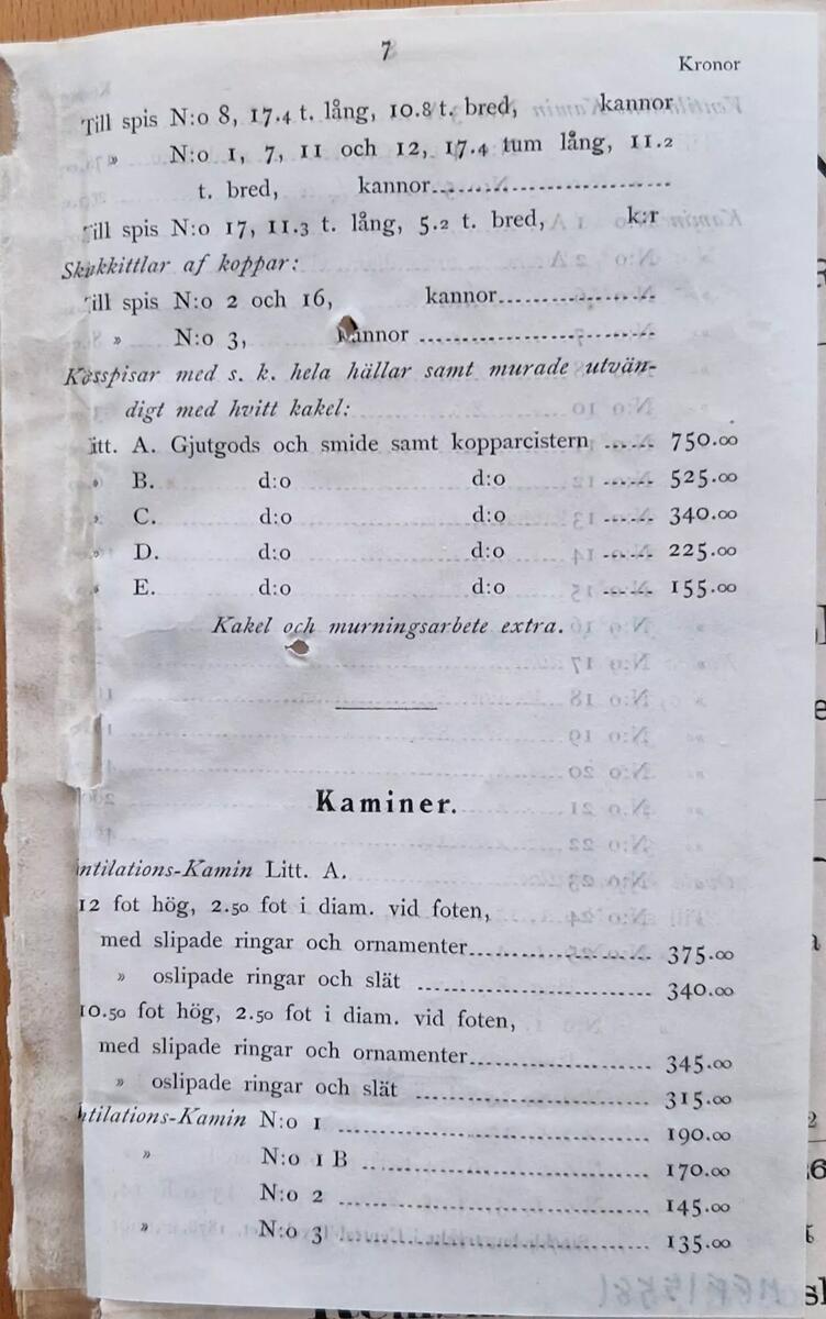 Pris- Lista å J & C.G Bolinders mekaniska verkstads aktiebolags tillverkningar af köksspisar, kokkärl och kaminer. Februari 1878. Central- Tryckeriet, Stockholm.