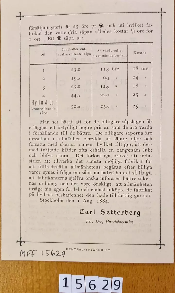 Broschyr angående kontrollerad såpa som säljes hos Hylin & Co, Stockholm, Slussplan 63 B. Daterad 1 aug. 1884. Tryckt hos Central- Tryckeriet, Stockholm.