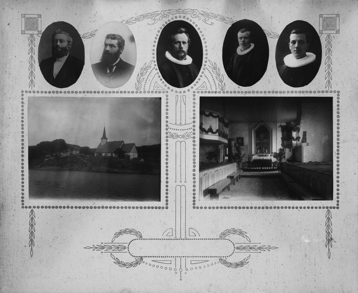 Fotokort, sogneprestene til Hitteren, med bilder av Dolm kirke utendørs og innendørs