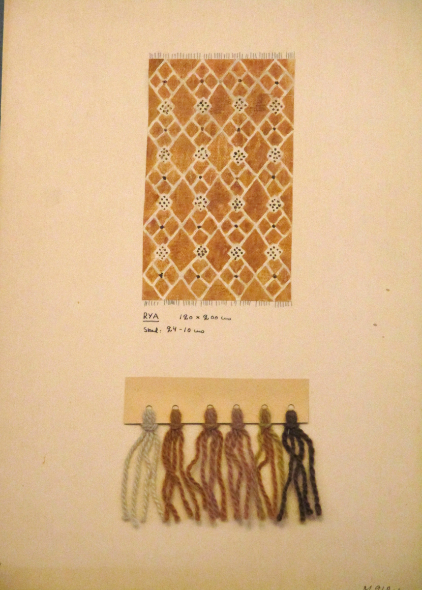 1. Färgskiss och garnprov till ryamatta i grå, bruna och lejongula nyanser.
2. Detaljerad färgskiss på rutpapper 36 x 42 cm.