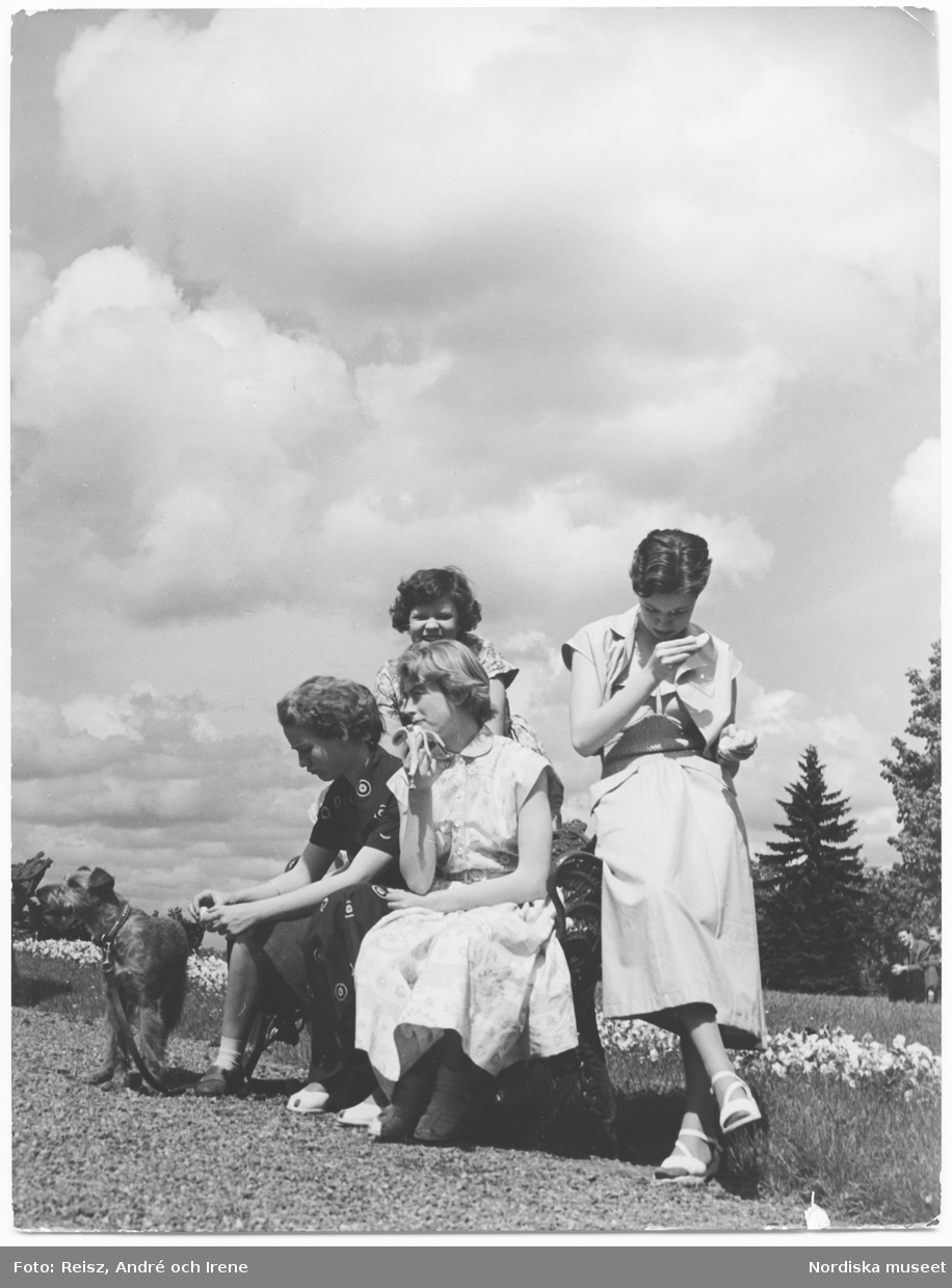 Gruppbild av fyra flickor och en hund i naturen.