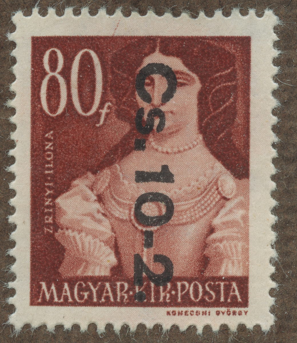 Frimärke ur Gösta Bodmans filatelistiska motivsamling, påbörjad 1950.
Frimärke från Ungern, 1945. Motiv av Ilona Zrinyi Ungerska.