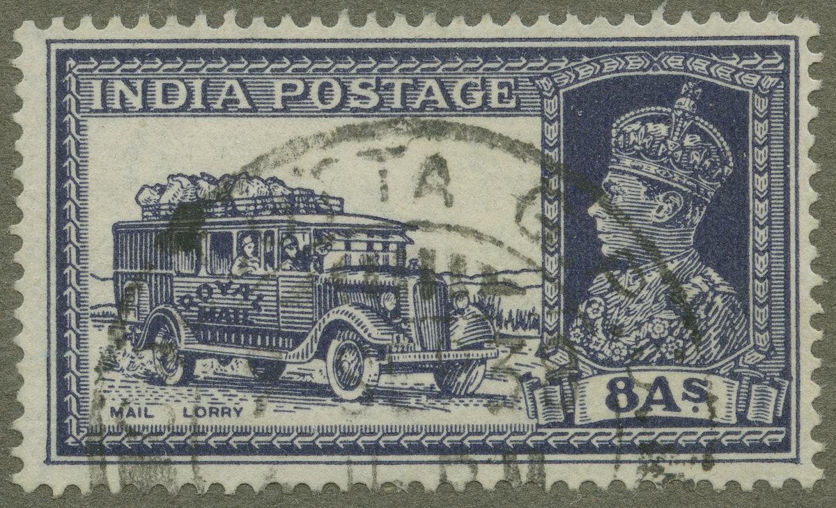 Frimärke ur Gösta Bodmans filatelistiska motivsamling, påbörjad 1950.
Frimärke från Britt. Indien, 1937. Motiv av Indisk postbuss: (t.h.) Kung George VI.