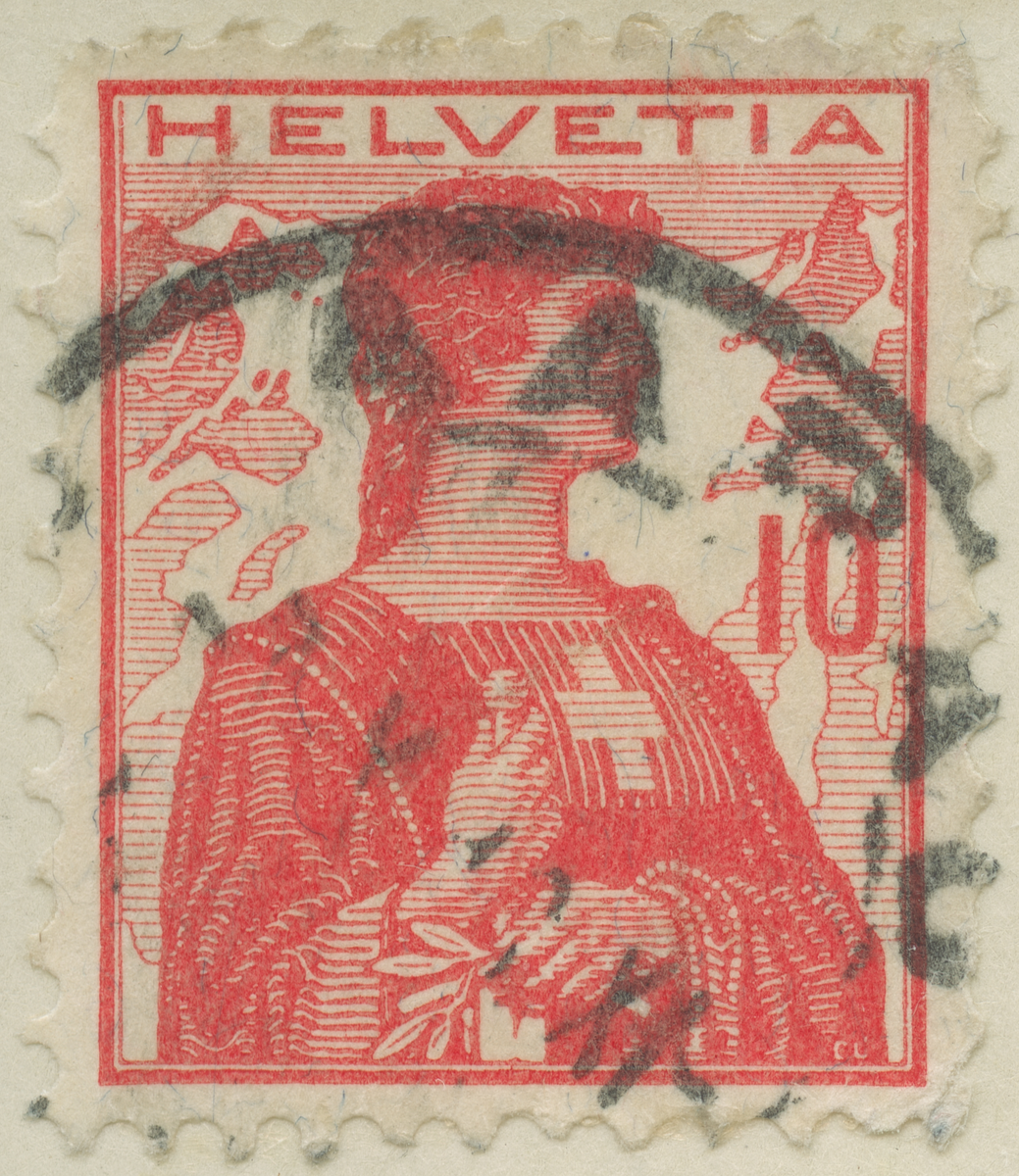 Frimärke ur Gösta Bodmans filatelistiska motivsamling, påbörjad 1950.
Frimärke från Schweiz, 1909. Motiv av Helvetia