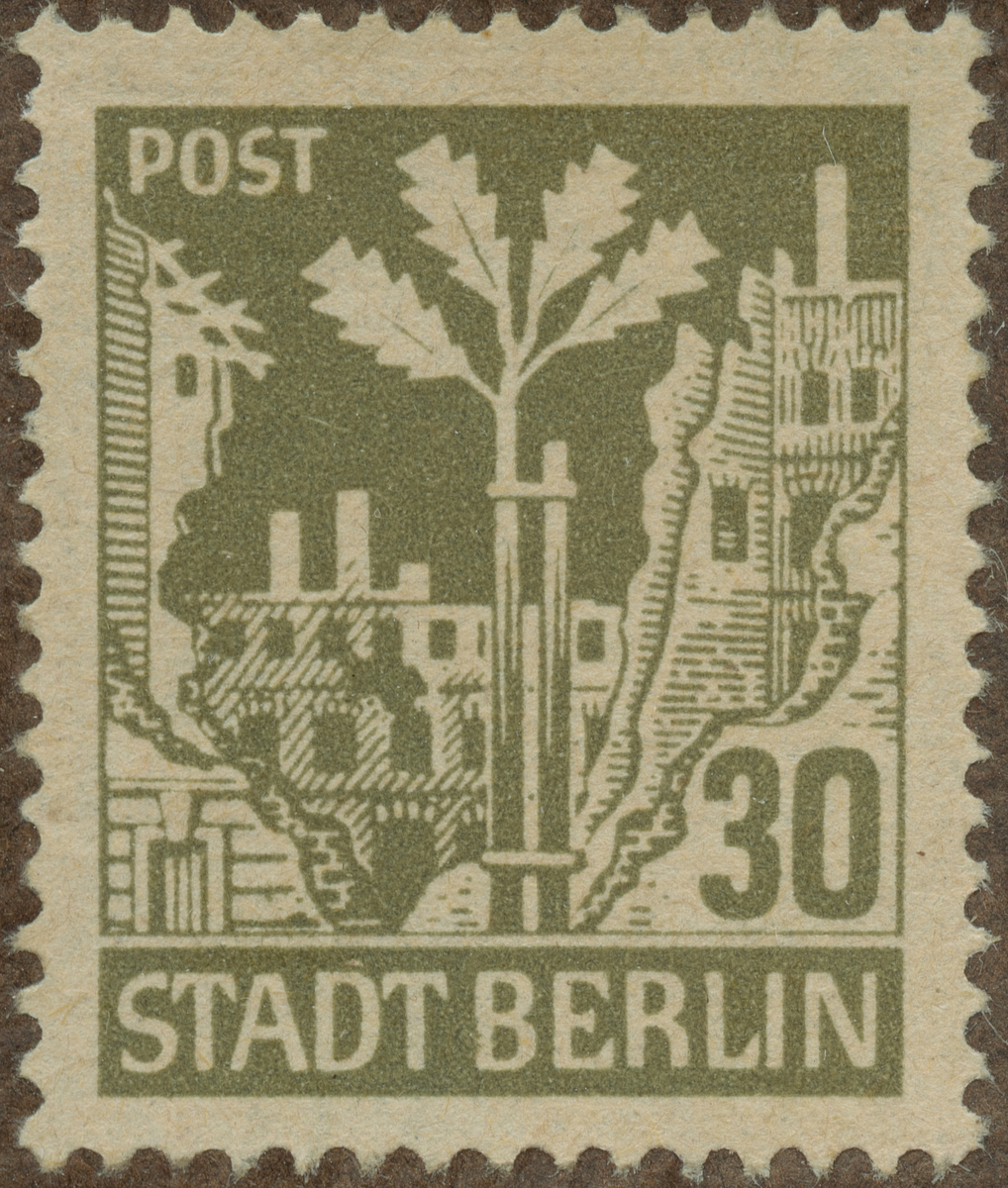 Frimärke ur Gösta Bodmans filatelistiska motivsamling, påbörjad 1950.
Frimärke från Tyskland, 1945. Motiv av Ekplanta Symbol för det nya Berlin