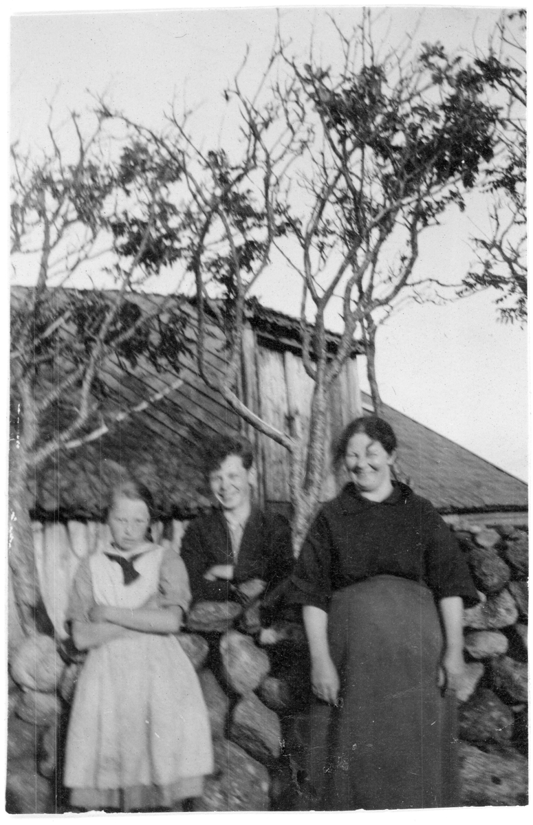 Ei jente og to kvinner står ved ein steingard framføre eit hus.