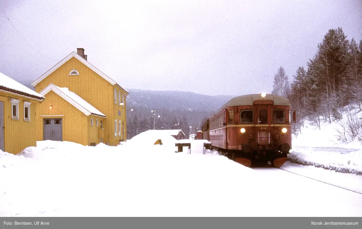 Dieselmotorvogn BM 91 04 med persontog til Rødberg på Lampeland stasjon ...