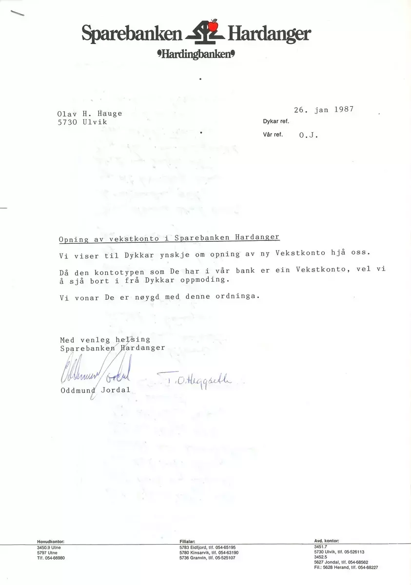 Bankbrev tilhøyrande Olav H. Hauge frå Sparebanken Hardanger.