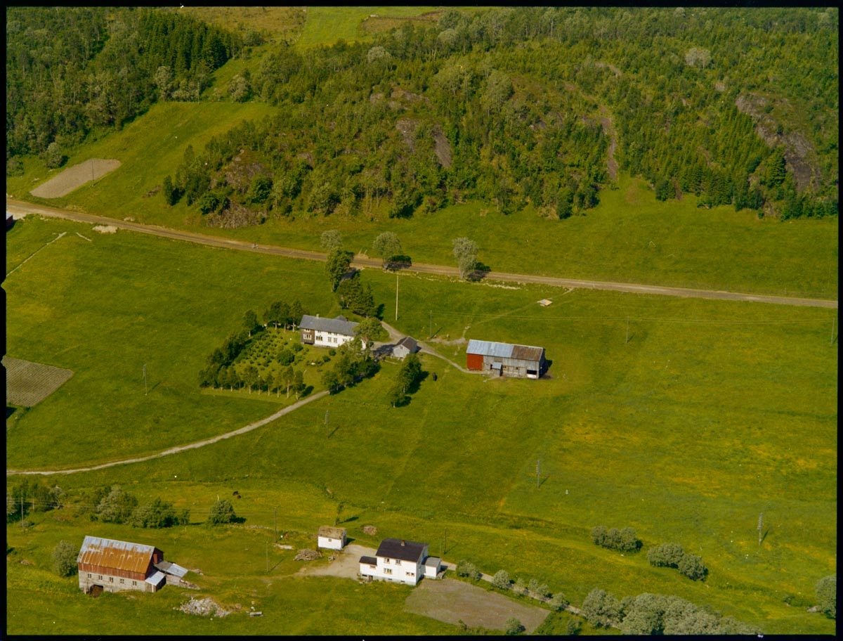 Leirfjord, Nes. Flyfoto over Nes. Midt på bildet ligger gården til Nils og Helga Olaisen. På gården "Osen" nederst i bildet bodde Trygve Tollaksen.