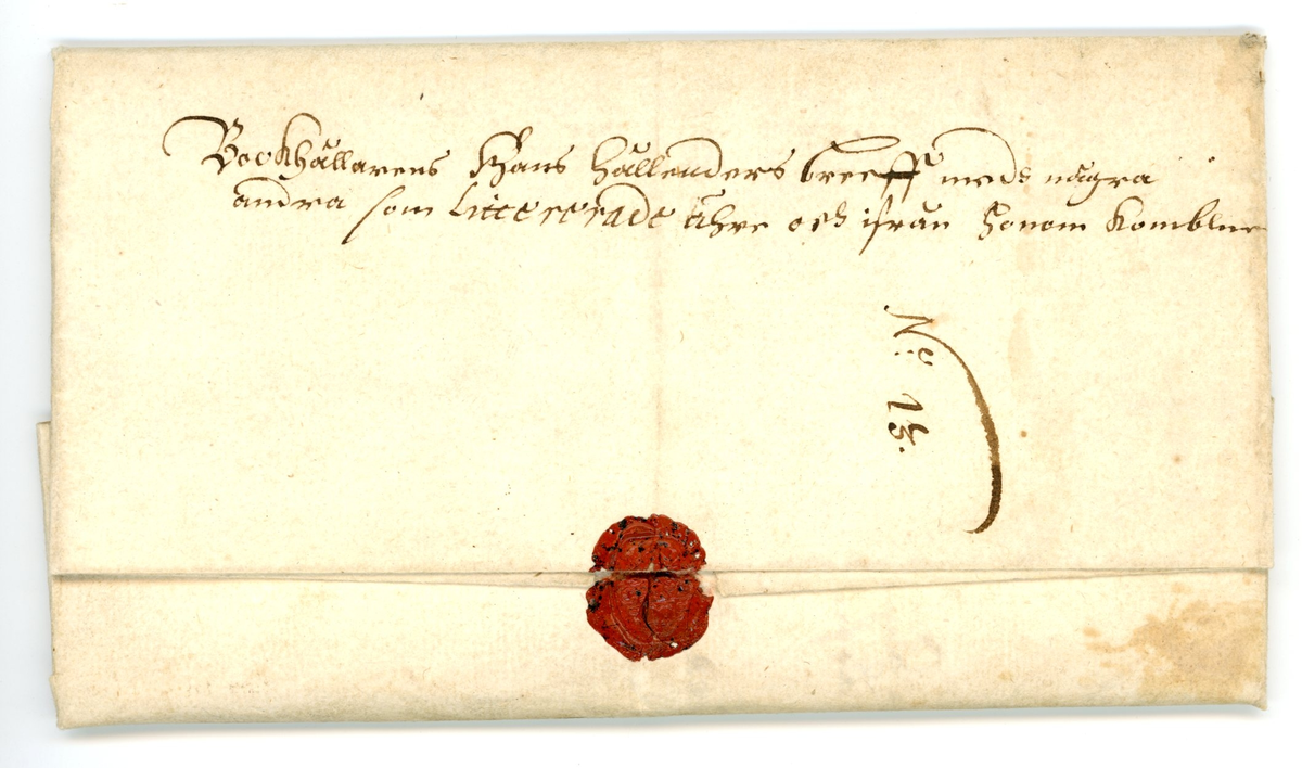 Brev från bokhållaren Hans Hollender / Hollander till generalguvernören Carl Mörner i Viborg. Brevet daterat den 17 dec 1647.

Ett ark.

Partiellt lacksigill: två ankare.