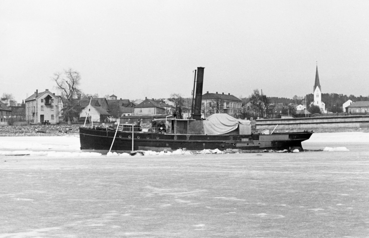 D/S Thor innfrosset i Mjøsisen ved Høyensalodden på Hamar vinteren 1941. Her lå denne båten sannsynligvis i et slags vinteropplag på et sted der den var lett tilgjengelig for vedlikeholdsarbeid. D/S Thor var den kraftigste av tømmerslepebåtene på Mjøsa.  Fartøyet ble bygd i 1875, og de første åra ble Thor brukt til å frakte godslektere fra Eisvoll jernbanestasjon til byene og tettstedene langs Mjøsa. Fra tida omkring århundreskiftet (1900), da disse befolkningskonsentrasjonene hadde fått jernbaneforbindelse, ble dette fartøyet mest brukt til tømmersleping og isbryting.  Fra 1898 til 1940 var det Eidsvold Damåpskibsselskap som leide ut Thor til slike formål, fra 1940 overtok Glomma fellesfløtingsforening båten, som gikk med tømmerslep over Mjøsa fram til 1954.

Det treetasjes murhuset til venstre i bakgrunnen var en møllebygning, antakelig plassert litt isolert på denne odden på grunn av den ildsfaren denne virksomheten representerte. Ellers rager Lille Strandgate 3, en stor og solid leiegård fra 1881, noe over den øvrige bebyggelsen på innsida av jernbanetraseen (til høyre for skorsteinen på båten). Den ble revet i slutten av 1980-åra. Domkirka, til høyre i bildet, står fortsatt som fond for Stortorget, men den er ikke like synlig fra Mjøsa lenger på grunn av nyere og høyere bygninger.