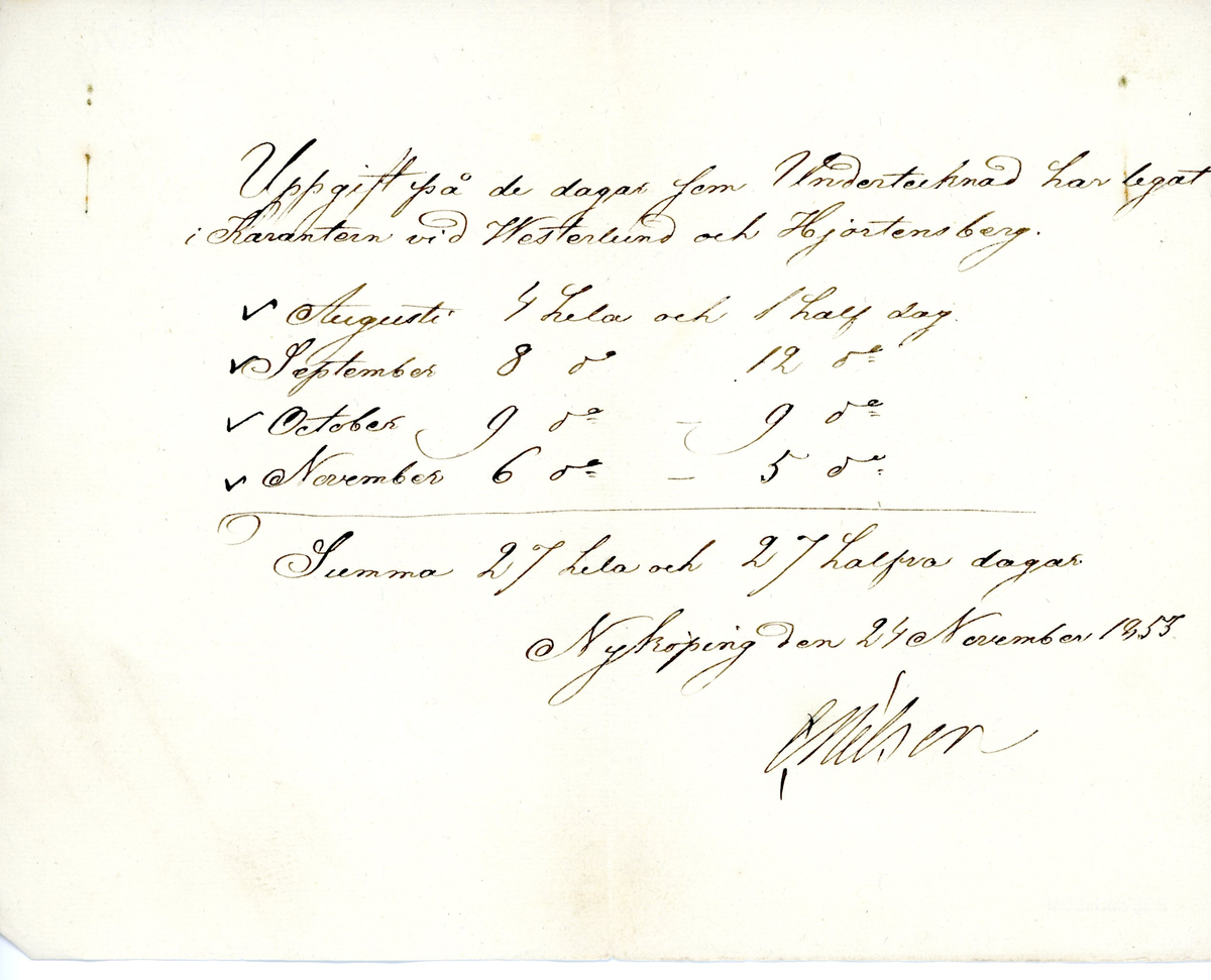Uppgift för de dagar då undertecknad har legat i karantän vid Westerlund och Hjortensberg i perioden augusti - november 1853.

Summa 27 hela och 27 halva dagar.
