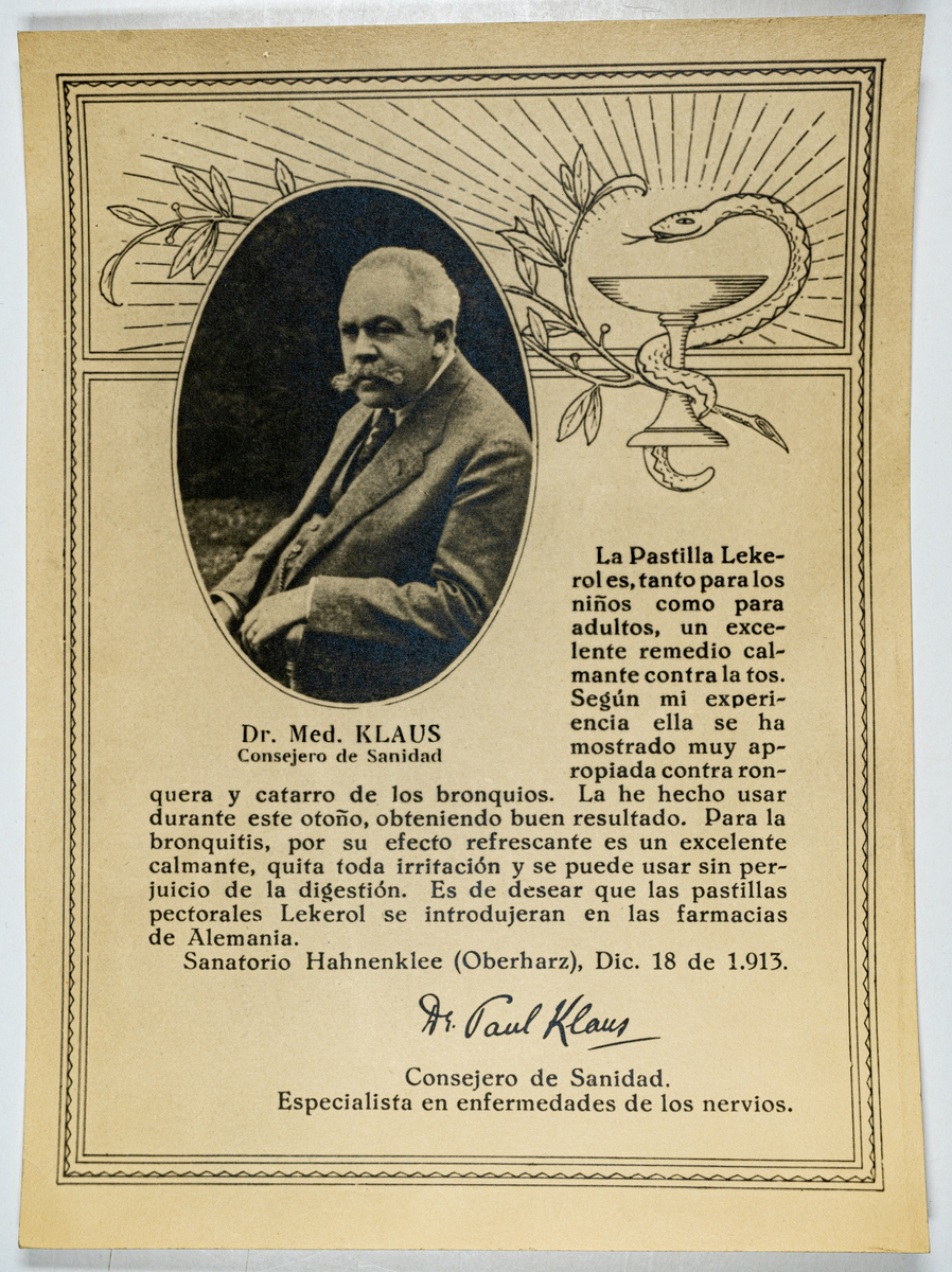 Intygsreklam för Läkerol, från 1913, tryckt på papper, bild på Dr. Med. KLAUS och spansk text. Signerat av Paul Klaus..