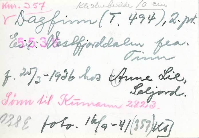 Oksen Dagfinn T.494 på Dyrskun 16.9.1941.  Eigar: Vestfjorddalen fealslag, Tinn.  Fødd 25.3.1936 hjå Anne Lie, Seljord.