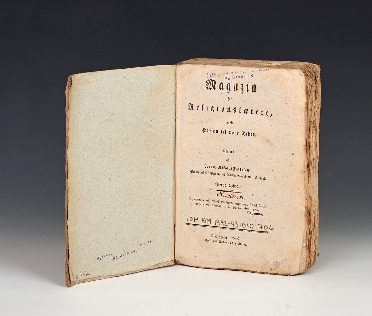 Fallesen, Lorenz Nikolai. Magasin for religionslærere med hensyn til vore Tider. Fjerde bind. Kbvh. 1796