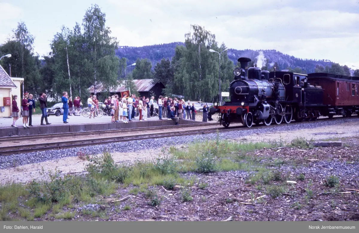 Damplokomotiv 21b 225 med veterantog på Flesberg stasjon