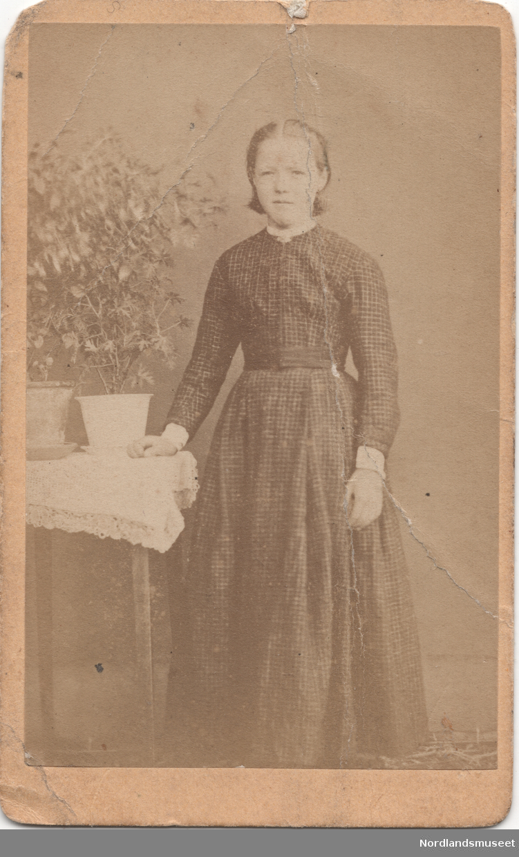 Portrett av en jente i en rutet kjole som står ved et bord med en grønnplante. Mathilde Katrine Grønbech, 13 1/2 år.