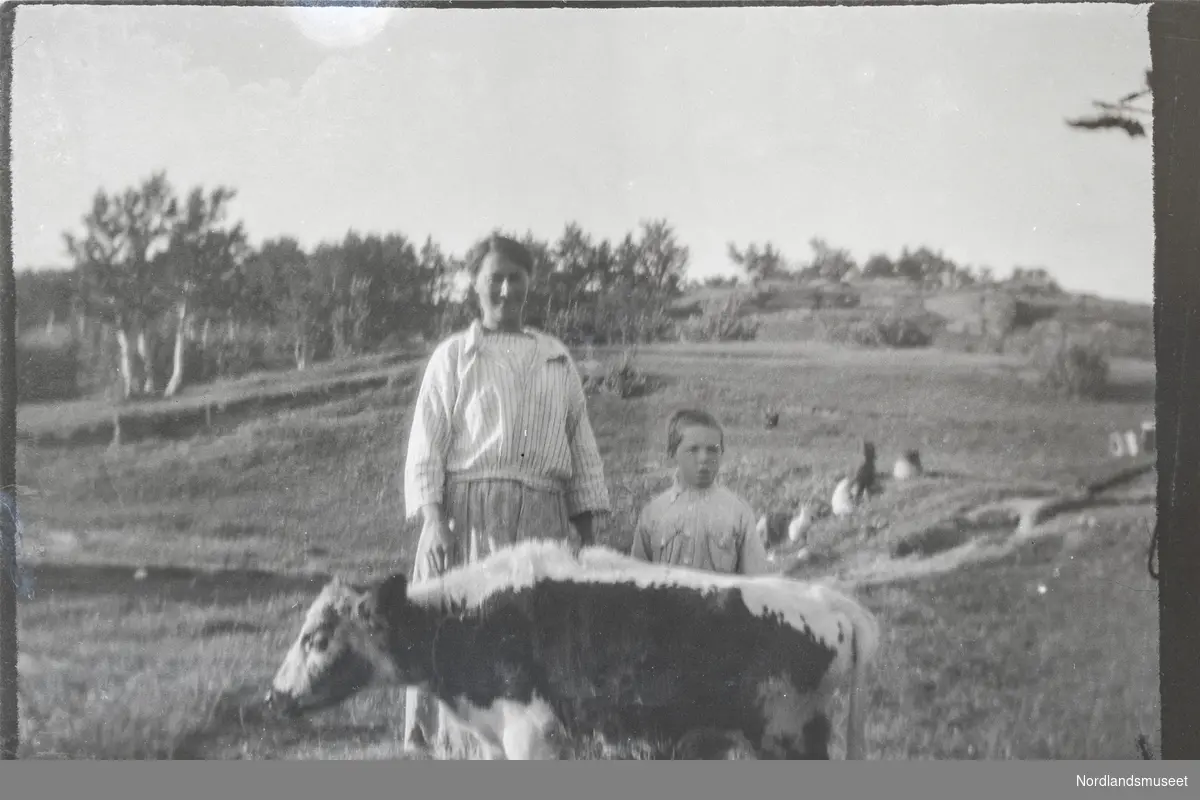 En kvinne og en gutt bak ei nordlandsku. Aminde med sin adoptivsønn Fredrik.