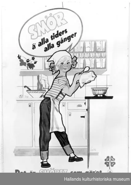 Reklamskylt av papp. Med färgtryck. En tecknad interiörbild med en matlagande ung flicka, från vilken utgår en pratbubbla: "SMÖR ä' alla tiders alla gånger". Teckningen är signerad: "Heidi". Nederdelen visar texten: "Det är SMÖRET som göre't". "Svenska Mejeriernas Riksförening" "SMR:s emblem", "MJÖLK GRÄDDE SMÖR OST" samt "Lantbruksförbundetsreklamavdelning".