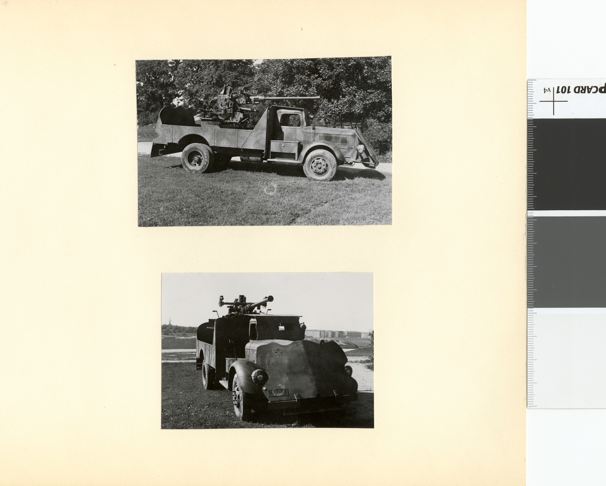 Text i fotoalbum: "Tgdbil m/42, pansrad för lv-pv, försöksbil". 
Terrängdragbil m/42, pansrad för luftvärn-pansarvärn.