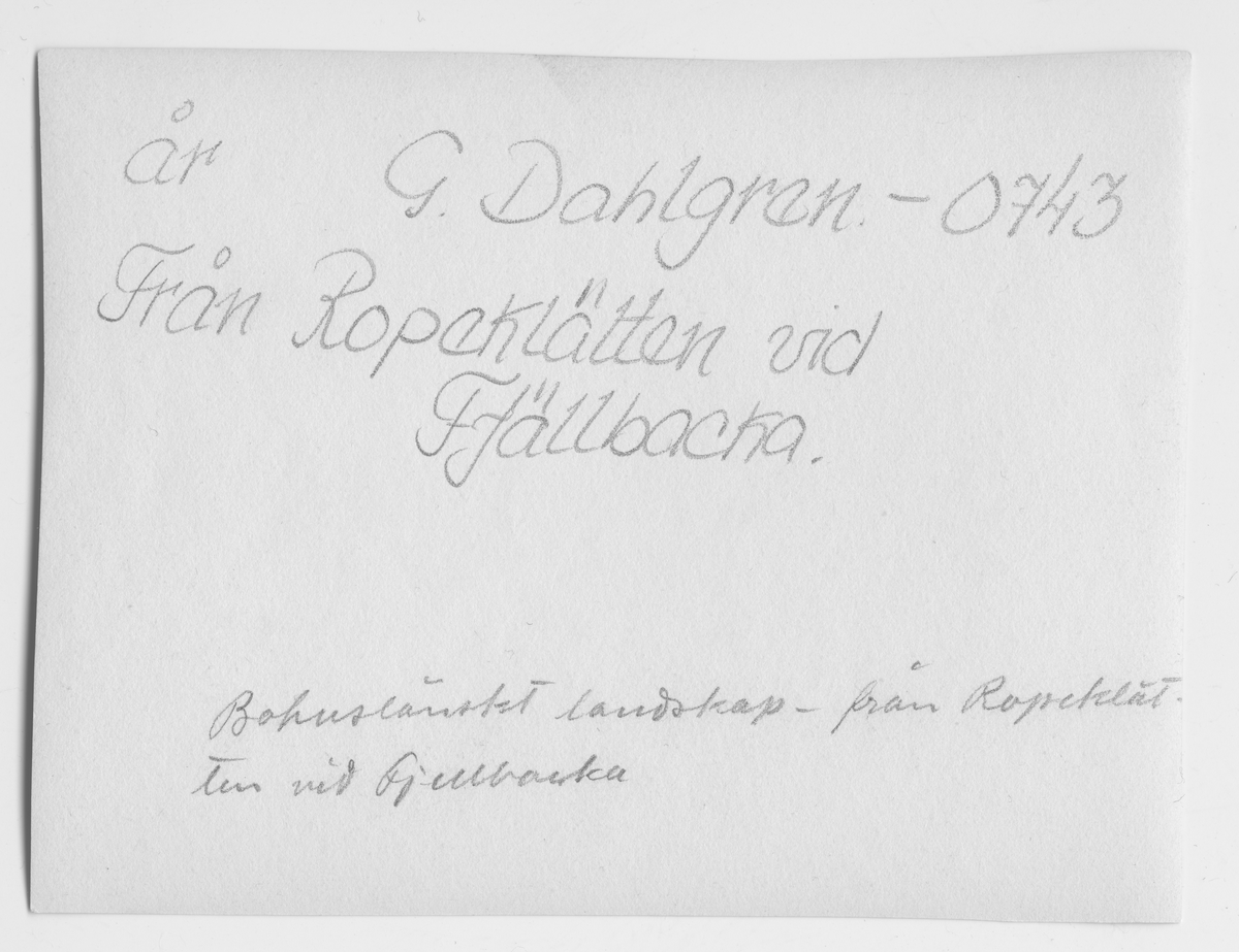 På kuvertet står följande information sammanställd vid museets första genomgång av materialet: Från Ropeklätten vid Fjällbacka.