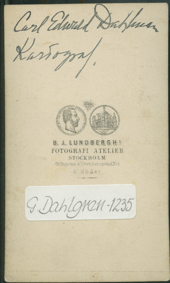 På kuvertet står följande information sammanställd vid museets första genomgång av materialet: Koriograf Carl Edvard Dahlman
Stockholm.