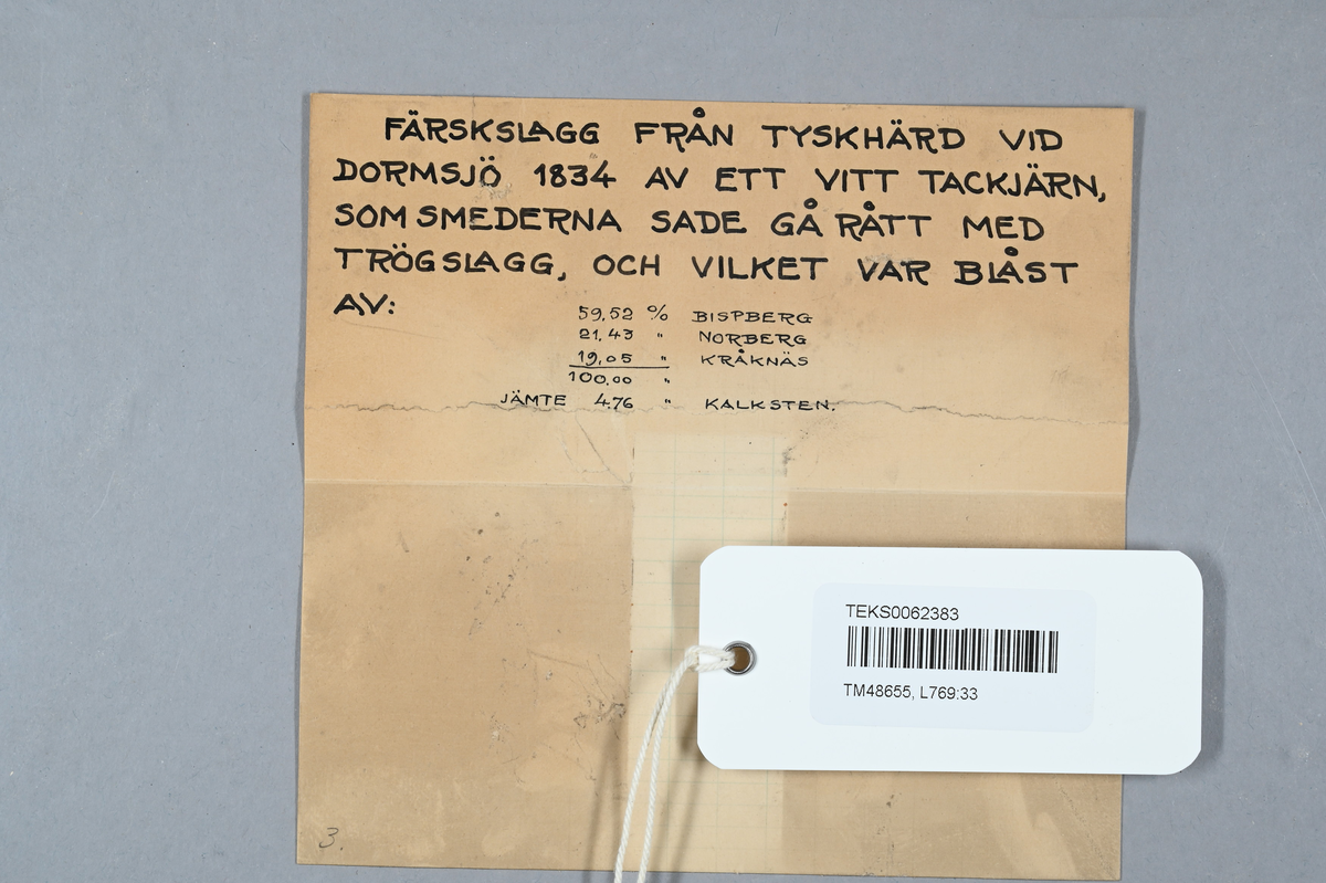 Två slaggprov, svart. Tillhörande lapp med notering: " Färskslagg från tyskhärd vid Dormsjö 1834 av ett vitt tackjärn, som smederna sade gå rått med trögslagg, och vilket var blåst av:".