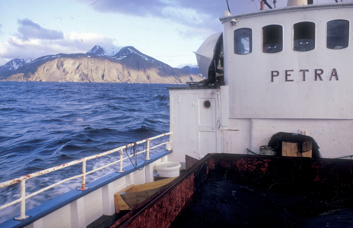 Ombord båten Petra, kystlandskap i bakgrunnen
