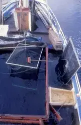 Ombord en brønnbåt. Bilde tatt fra sythuset med utsikt ned m