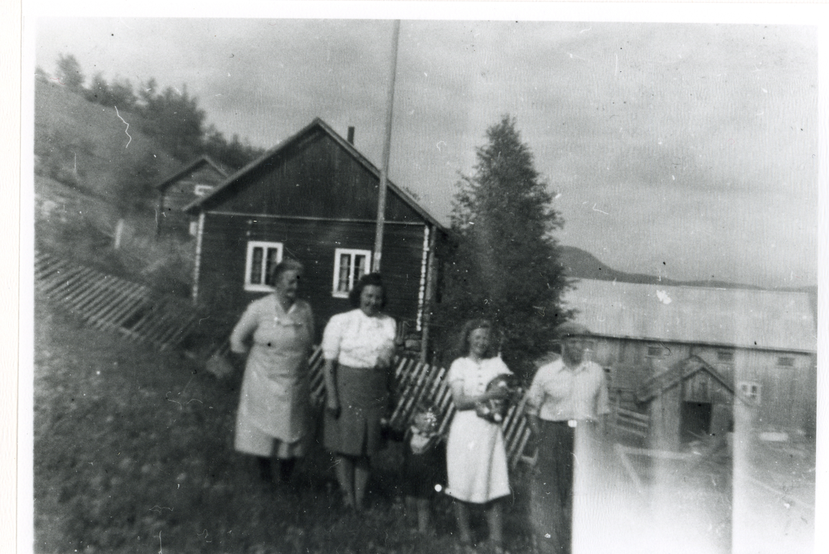 Gruppe,kjole,forkle,skjørt,bluse,bukse og skjorte.
Bakko i Reinli (Dyve) 1946.
Frå v. Siri Dyve,Sigrid Svingen ,Helge Torfin Svingen,Anna og Gudbrand Dyve.