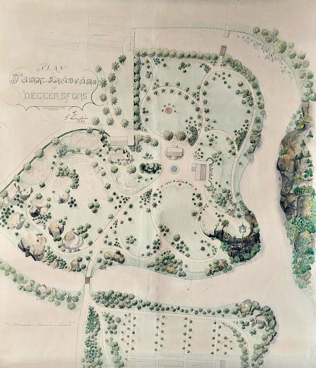 Trädgårdsritning framställd av länsträdgårdsmästaren Gustaf Lindén; Plan till parkanläggning vid DeGeersfors. Avser DeGeersfors (Qvarnshammar) i Motala kommun. Daterad 1899.