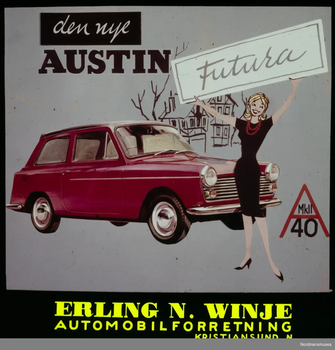 Kinoreklame for Austin Futura bil fra Erling N. Winje Automobilforretning. Kinoreklame fra Kristiansund, hovedsaklig fra perioden 1950 til 1980.
