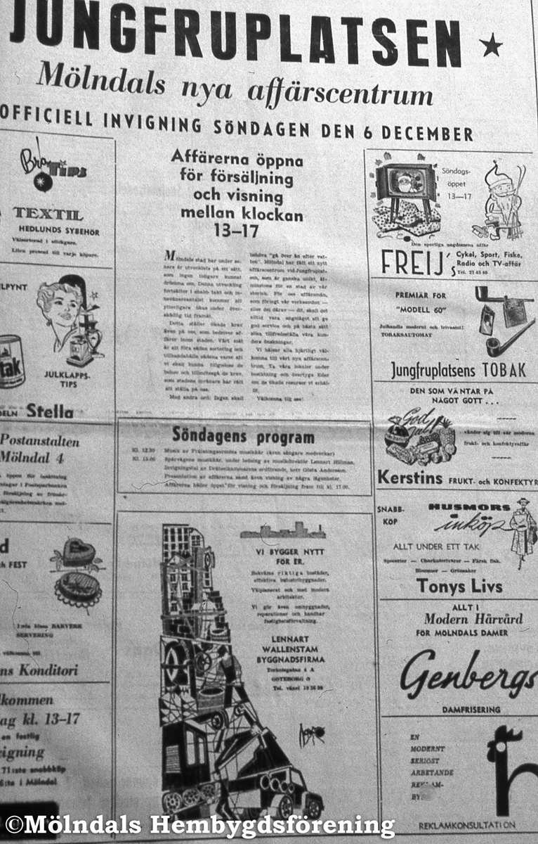 Jungfruplatsen i Mölndal den 20 november 1959. Annonssida i Mölndals-Posten med anledning av invigningen 6/12.