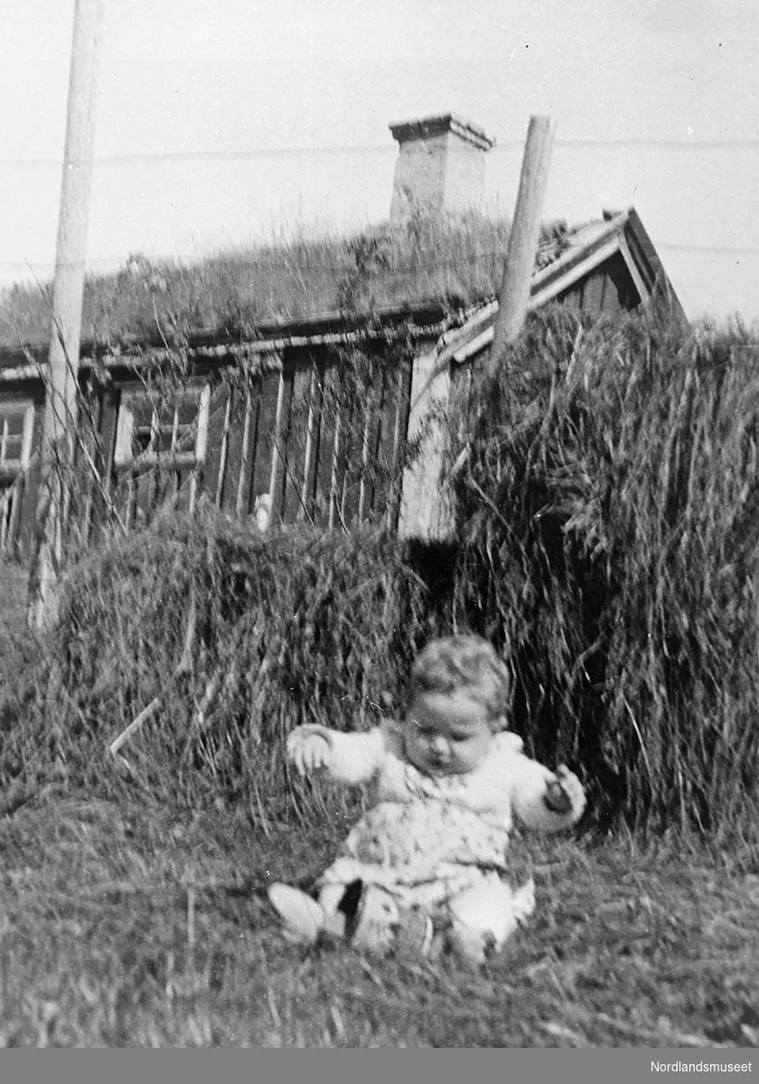 Gammel smie med høyhesje foran. Et barn, Einar Jessen, sitter i gresset i forgrunnen.