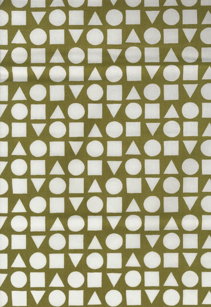 Provbitar: Geometriska vita figurer på svart, beige,röd, lila, blå, klargrön eller olivgrön botten. Geometriska figurer i glada färger och svart på vit botten.