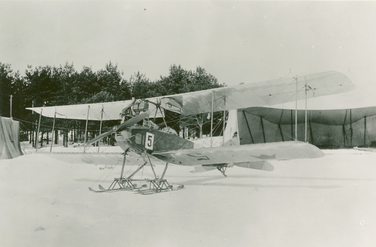 Marint flygplan Albatros B.IIa nr 5 med skidor står framför tälthangarer, vintertid, omkring 1920-1924.