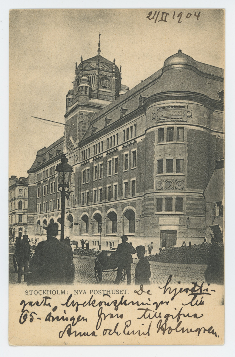 Vykort med motiv av Nya Posthuset, Stockholm. Vykortet är poststämplat den 21/11-1904.