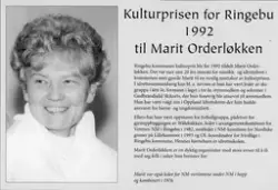 Kulturprisen for 1992 til Marit Orderløkken.