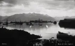 Melbu havn. Neptun Sildoljefabrikk i bakgrunnen ca 1914-1918