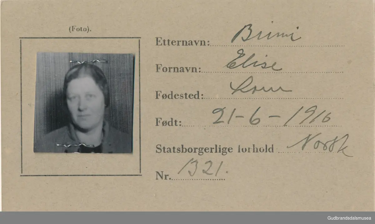 Brimi - Elise f.1910
ID-kort utstedt 1941, Lom