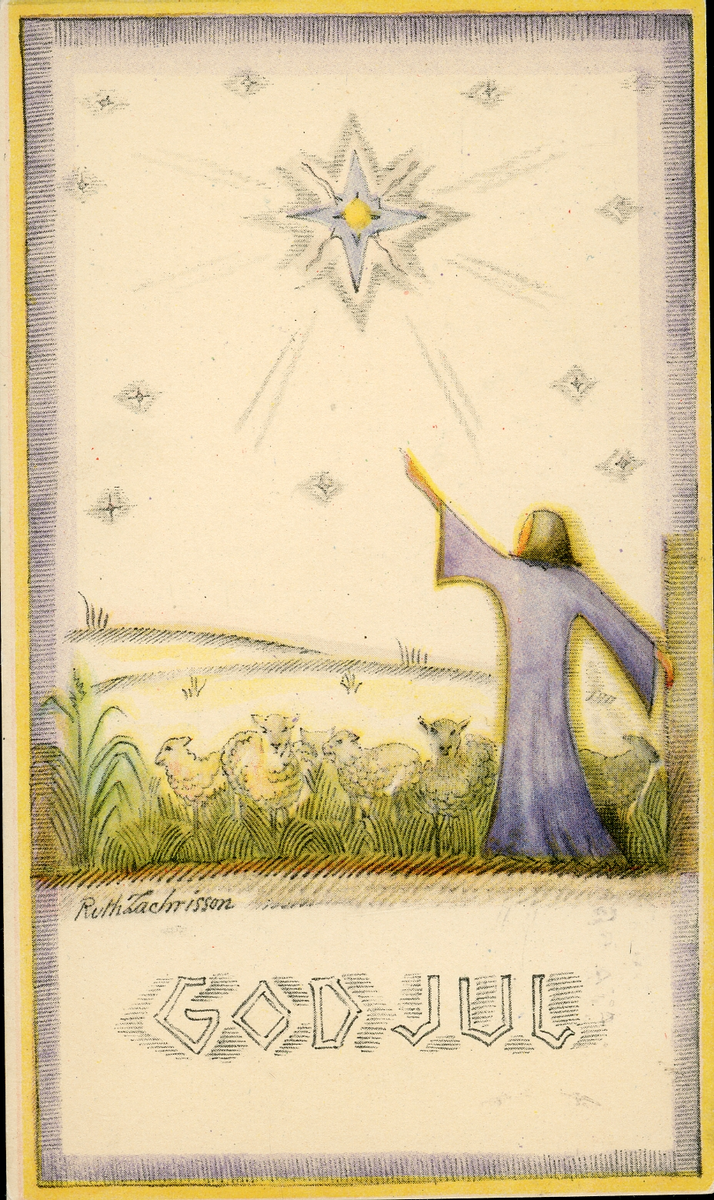 Stående motiv. Herde pekar uppåt mot Betlehems stjärna. 
Undertexten: God Jul