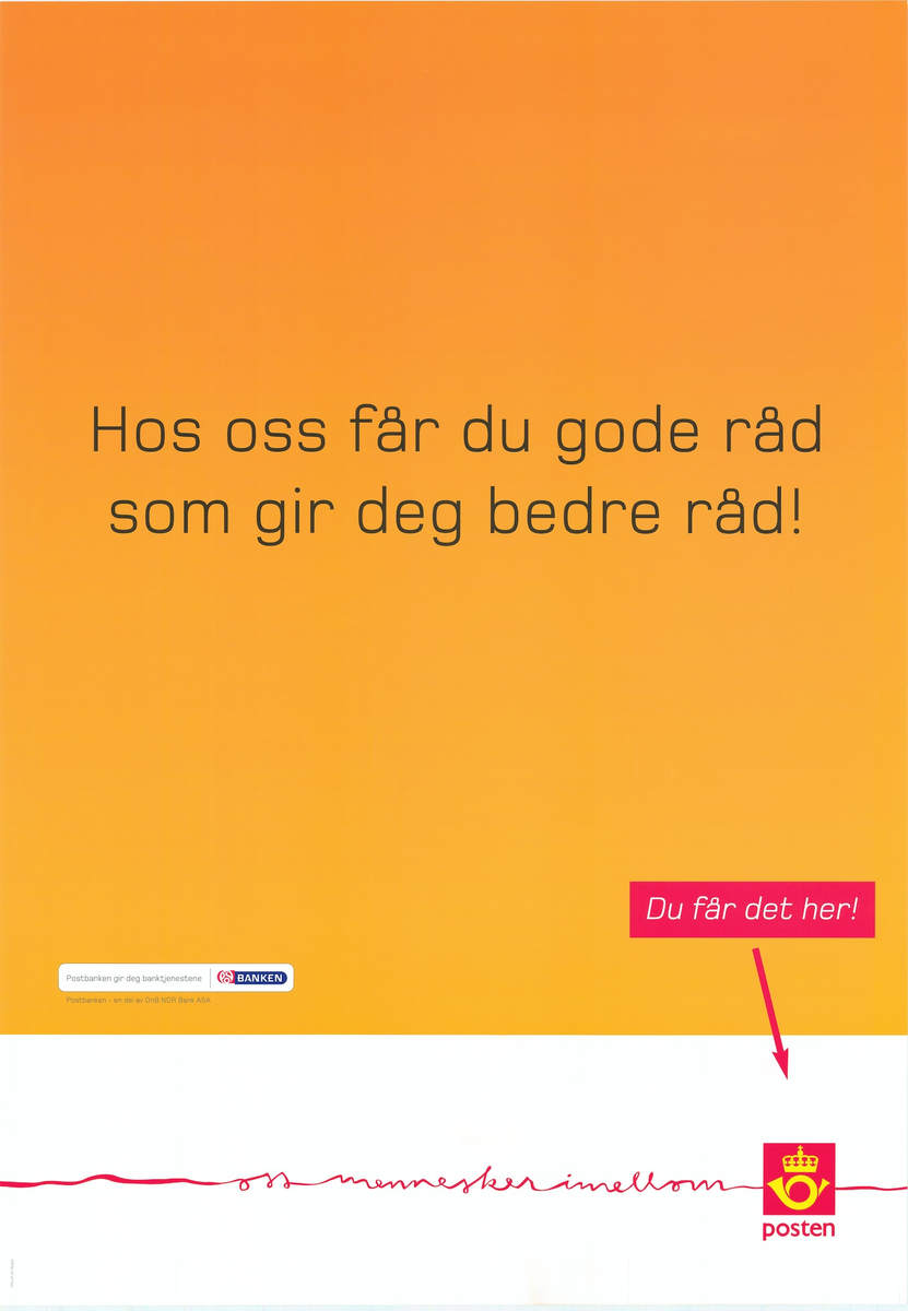 Tosidig plakat med tekst og motiv på begge sider. Gul og hvit bunnfarge. Postbanklogo og Postlogo.