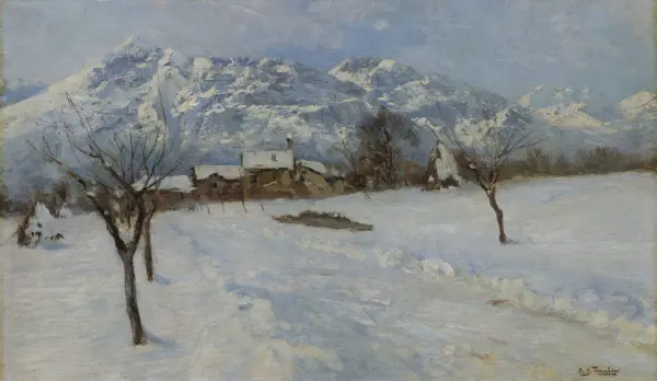 Fjell i vinter med tettsted [Maleri]