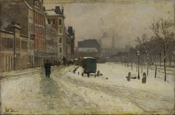 Bytorget i vinter med hestevogn [Maleri]