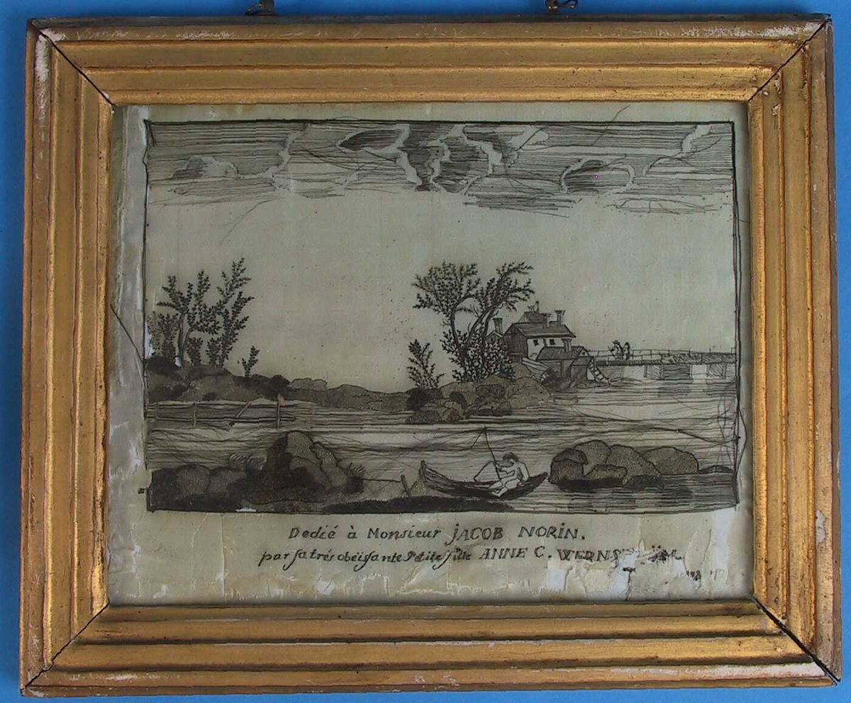 Landskap med bro og fiskebåt, 1784.  I forgr. store stener og en fortøyd liten pram en mann med fiskestang. I mellomgrunnen vann eg et gjerde og pm. Tv. en lang bro med to menn og en klynge hus.